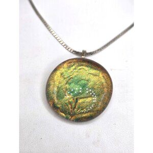 Handmade Resin Pendant Necklace With Nature-Inspired Green & Gold Design On Silv